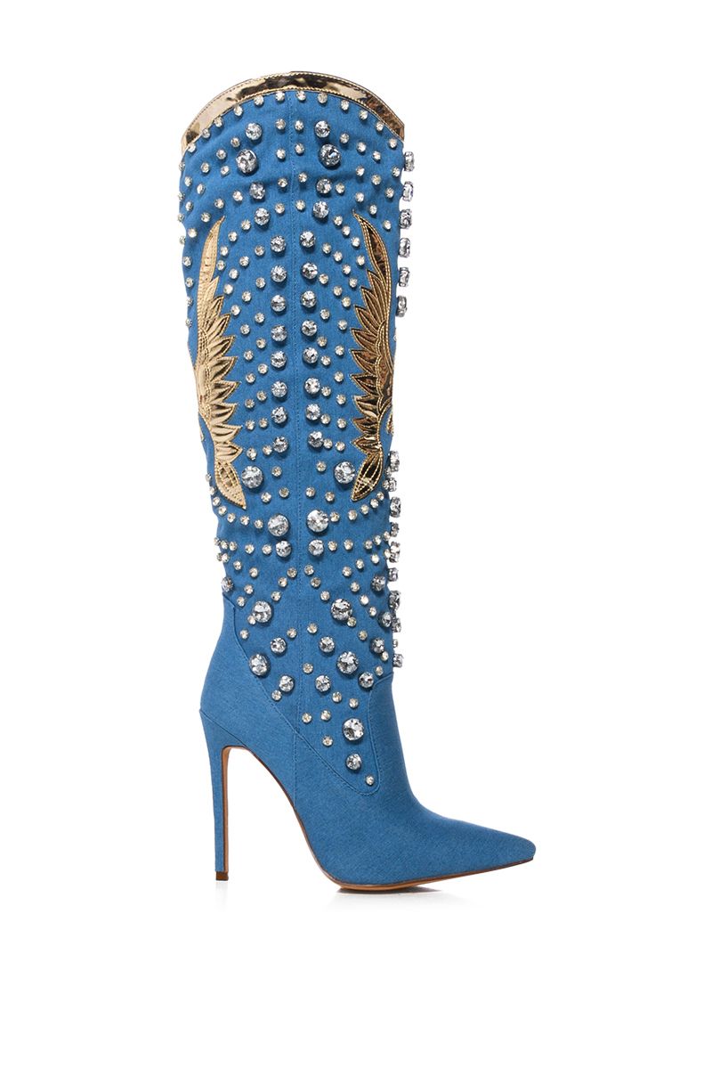 AZALEA WANG DENIM AND DIAMONDS KNEE HIGH STILETTO WESTERN BOOT IN DENIM