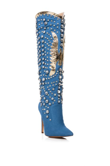 AZALEA WANG DENIM AND DIAMONDS KNEE HIGH STILETTO WESTERN BOOT IN DENIM
