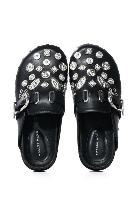 AZALEA WANG DESERT FLOWER STUDDED WESTERN FLAT CLOG IN BLACK