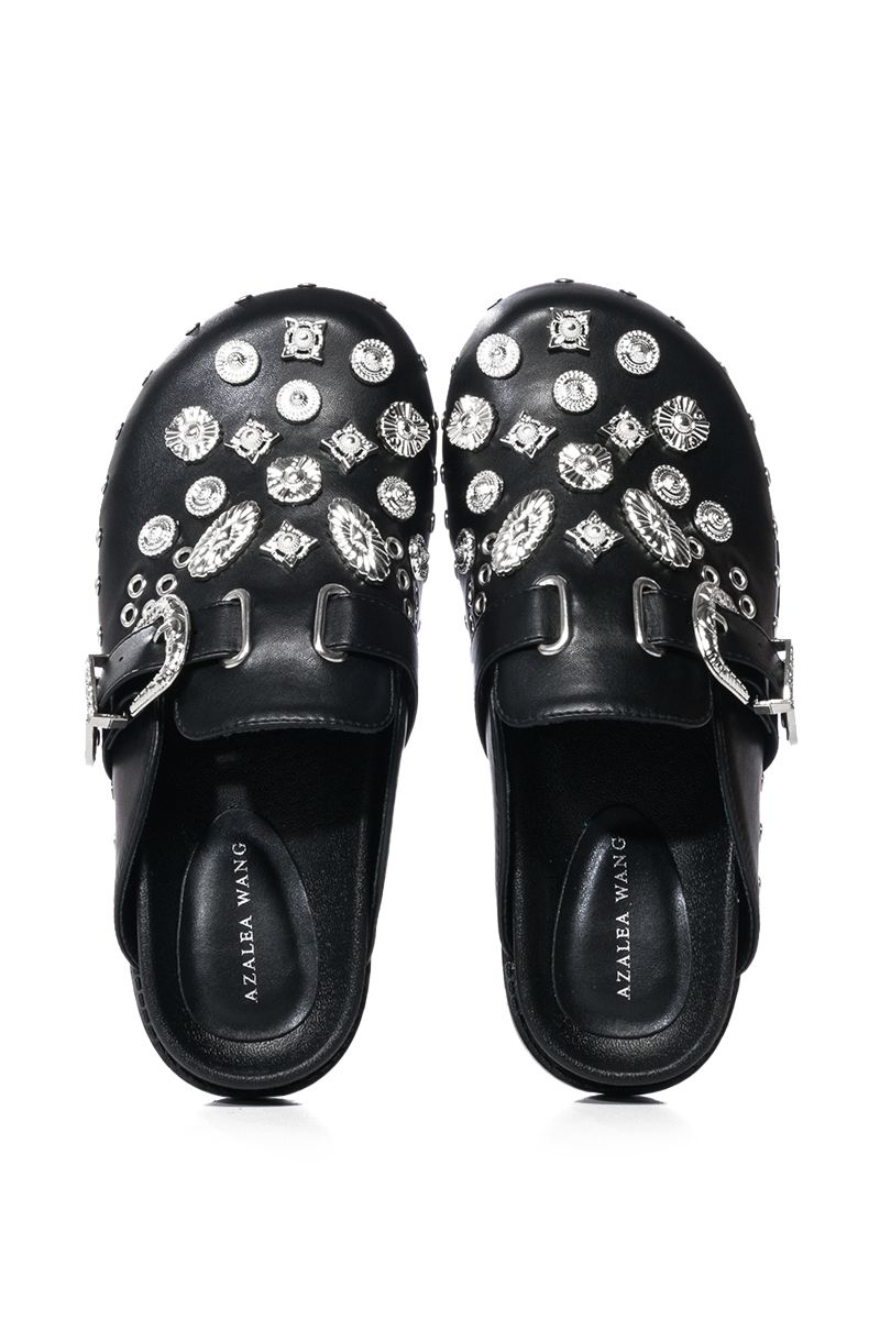AZALEA WANG DESERT FLOWER STUDDED WESTERN FLAT CLOG IN BLACK