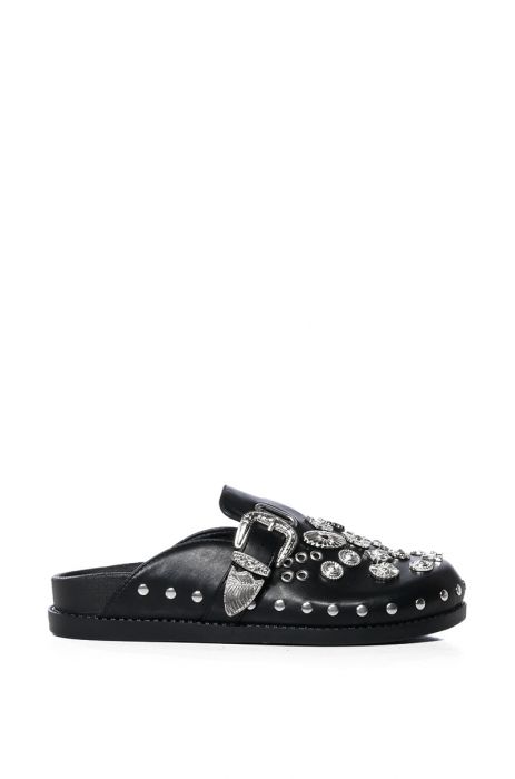 AZALEA WANG DESERT FLOWER STUDDED WESTERN FLAT CLOG IN BLACK