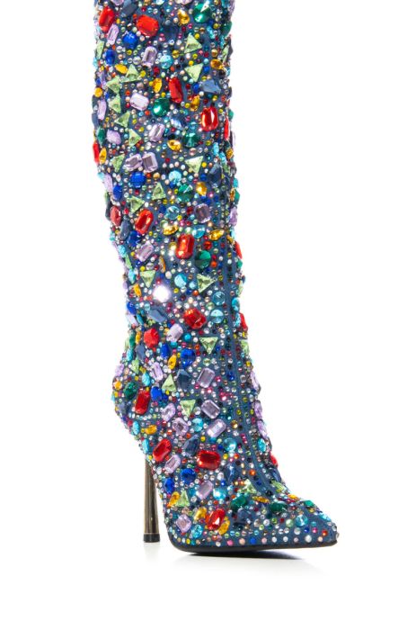 AZALEA WANG EMBER RHINESTONE DENIM STILETTO BOOT IN MULTI