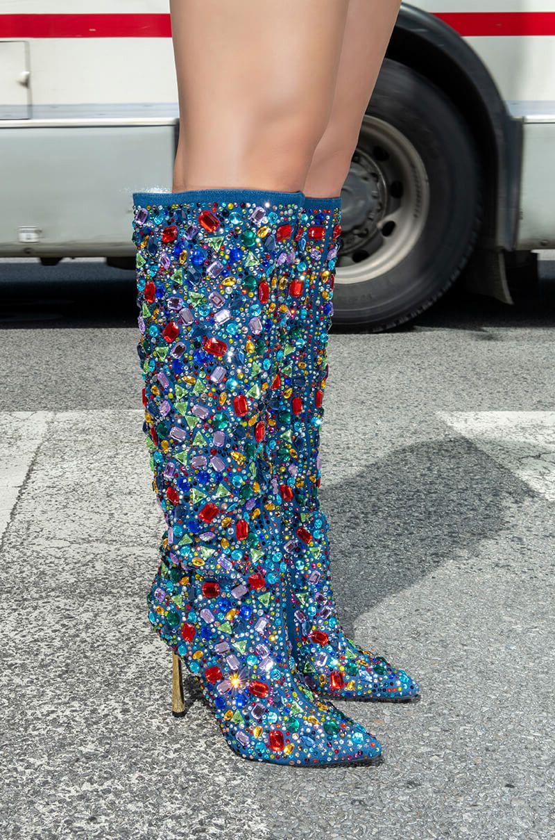 AZALEA WANG EMBER RHINESTONE DENIM STILETTO BOOT IN MULTI