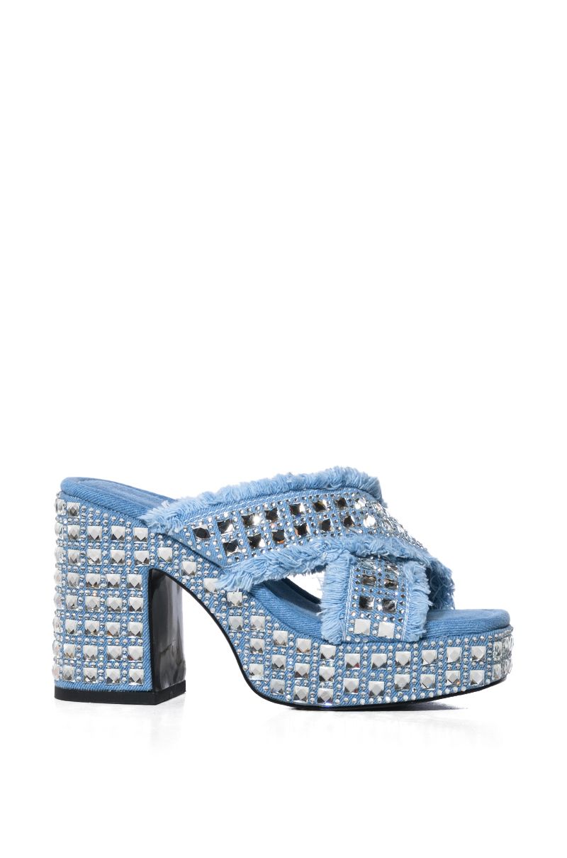 AZALEA WANG EVALINA DENIM AND SILVER STUDDED SANDAL IN DENIM
