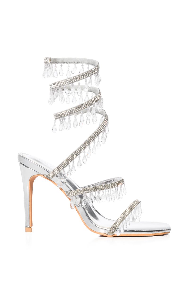 AZALEA WANG FOREVER AFTER EMBELLISHED COIL WRAP STILETTO SANDAL IN SILVER