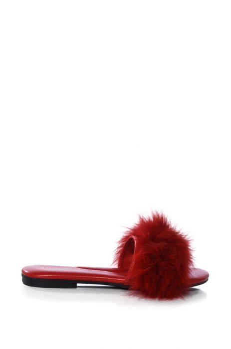 AZALEA WANG FOXY BASIC FUR FLAT SANDAL IN RED