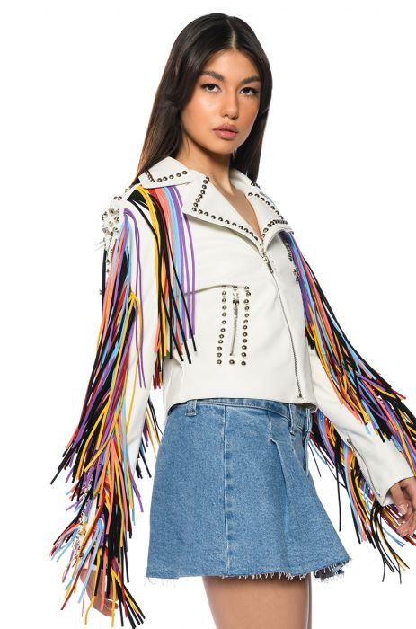 AZALEA WANG FREE RIDER STUDDED FRINGE MOTO JACKET in white multi