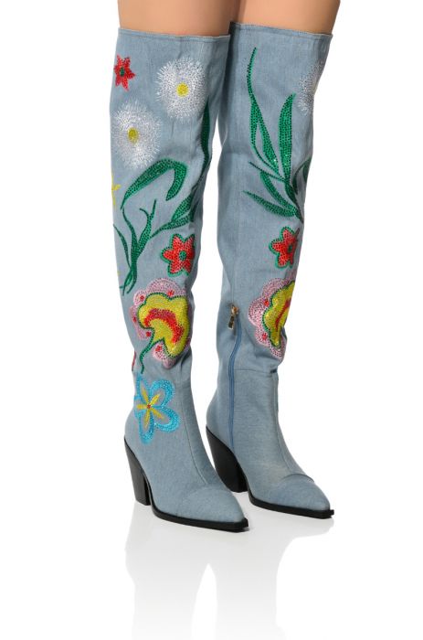 AZALEA WANG IZARA OVER THE KNEE EMBELLISHED BOOT IN DENIM