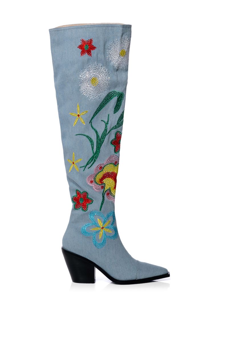 AZALEA WANG IZARA OVER THE KNEE EMBELLISHED BOOT IN DENIM