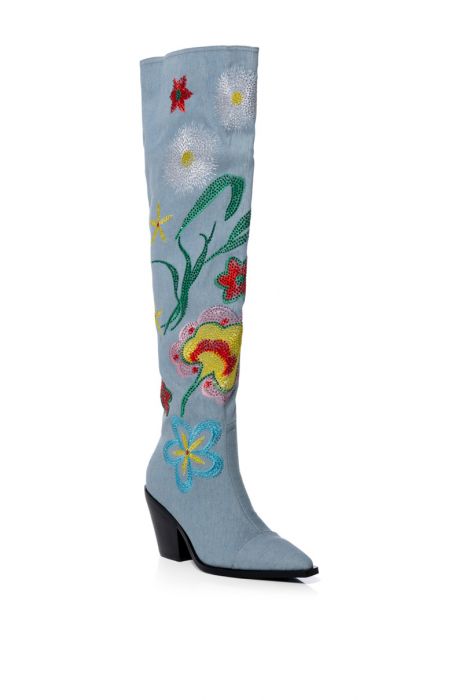 AZALEA WANG IZARA OVER THE KNEE EMBELLISHED BOOT IN DENIM