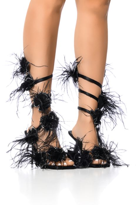 AZALEA WANG JAYLENE BLACK FLOWER EMBELLISHED COIL SANDAL