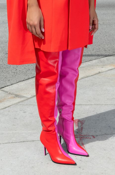AZALEA WANG NEAPOLITAN COLORBLOCK THIGH HIGH BOOT IN RED