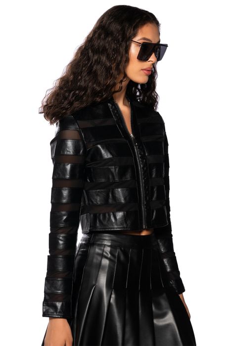 AZALEA WANG NOW AND FOREVER SHEER PANEL MOTO JACKET IN BLACK