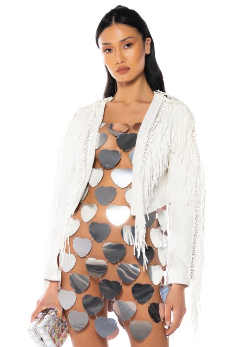 AZALEA WANG BRUSH YOUR SHOULDERS OFF FRINGE JACKET IN WHITE