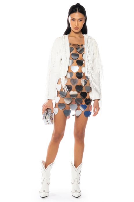 AZALEA WANG BRUSH YOUR SHOULDERS OFF FRINGE JACKET IN WHITE