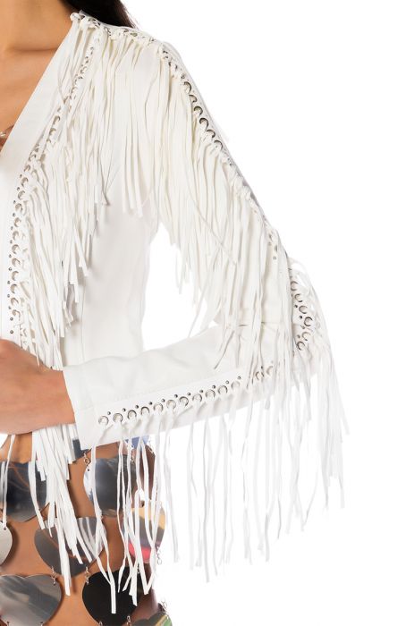 AZALEA WANG BRUSH YOUR SHOULDERS OFF FRINGE JACKET IN WHITE