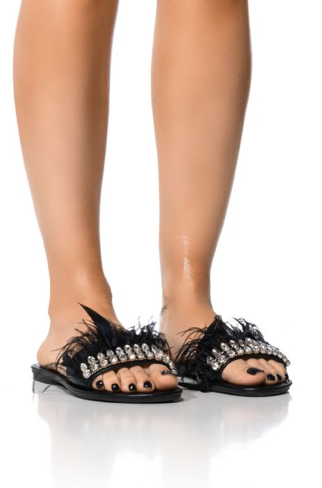 AZALEA WANG ONTARIO EMBELLISHED FEATHER FLAT SANDAL IN BLACK