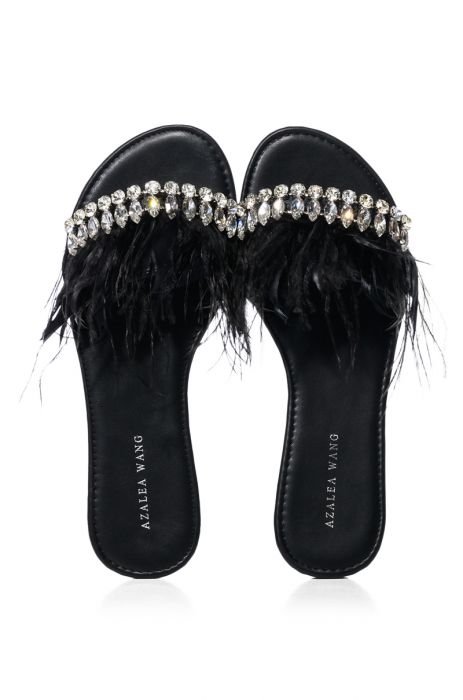 AZALEA WANG ONTARIO EMBELLISHED FEATHER FLAT SANDAL IN BLACK