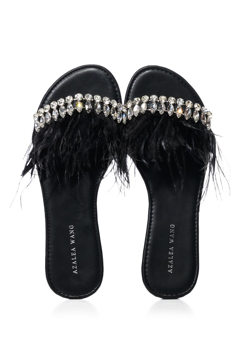 AZALEA WANG ONTARIO EMBELLISHED FEATHER FLAT SANDAL IN BLACK