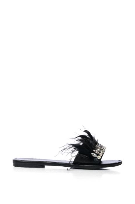 AZALEA WANG ONTARIO EMBELLISHED FEATHER FLAT SANDAL IN BLACK
