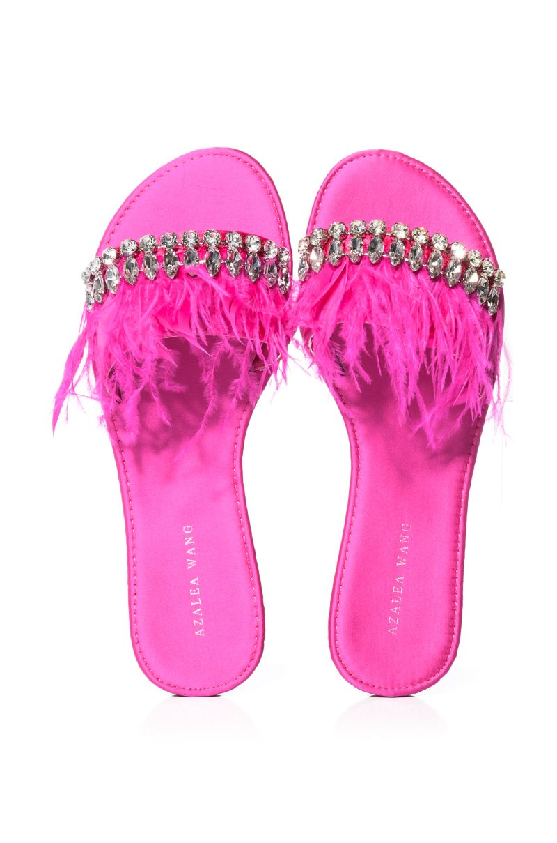 AZALEA WANG ONTARIO EMBELLISHED FEATHER FLAT SANDAL IN FUCHSIA