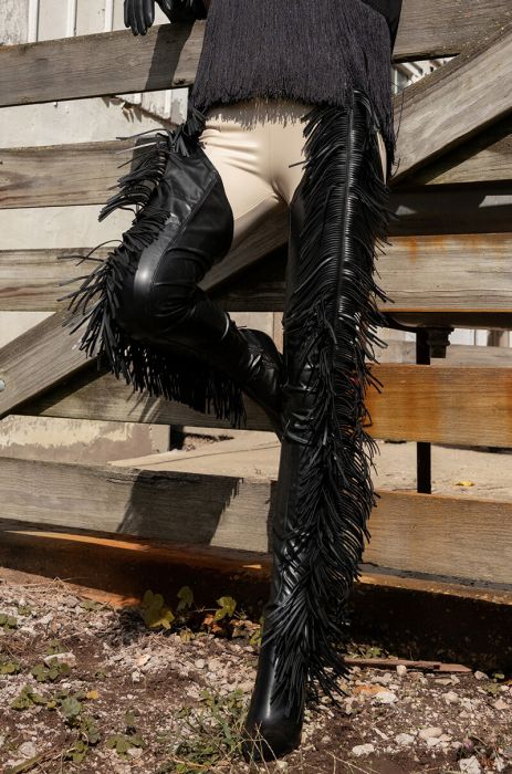 AZALEA WANG RIDE AT DAWN BELTED THIGH HIGH STILETTO FRINGE CHAP BOOT WITH 4 WAY STRETCH in black