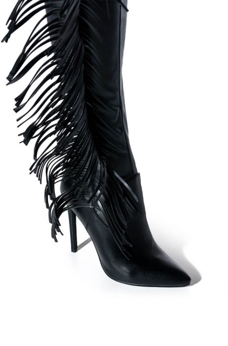 AZALEA WANG RIDE AT DAWN BELTED THIGH HIGH STILETTO FRINGE CHAP BOOT WITH 4 WAY STRETCH in black