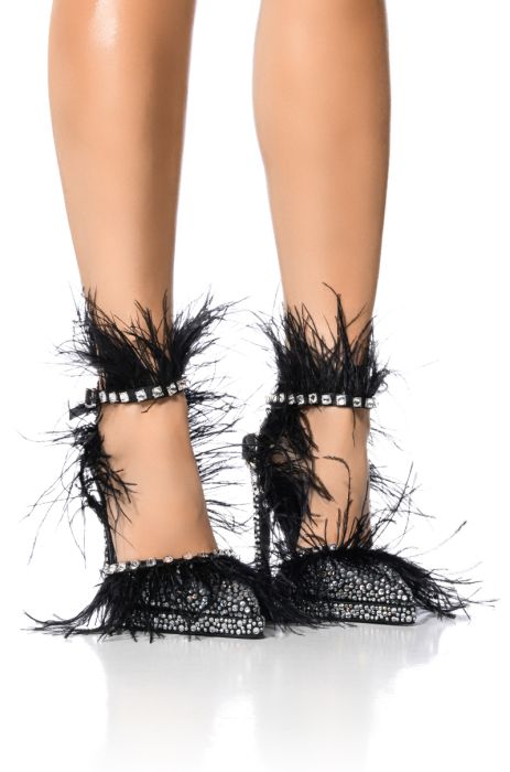 AZALEA WANG SEINE BLACK FEATHER AND DIAMOND EMBELLISHED PUMP IN BLACK