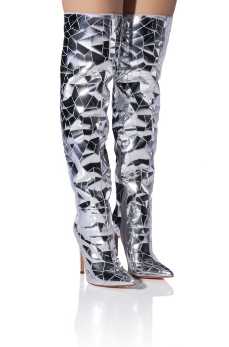AZALEA WANG SHATTERED METALLIC STILETTO BOOT IN SILVER