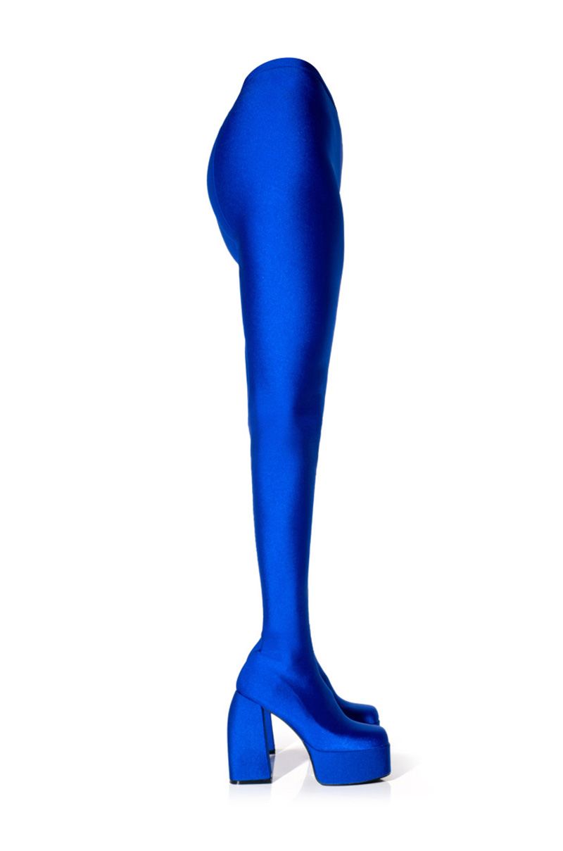 AZALEA WANG STAR STRETCH CHUNKY HEEL PANT BOOT IN BLUE