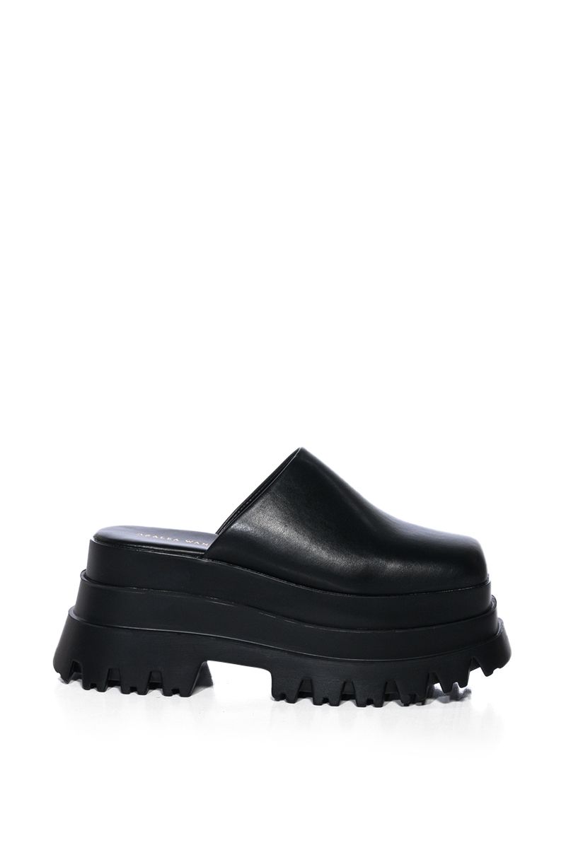AZALEA WANG STEP IT UP PU FLATFORM MULE IN BLACK