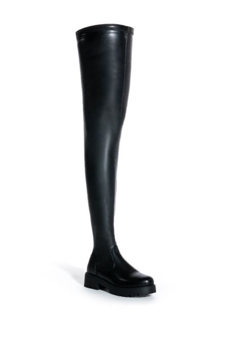 AZALEA WANG SURGICAL FLATFORM BOOT WITH 4 WAY STRETCH IN STRETCH PU in black