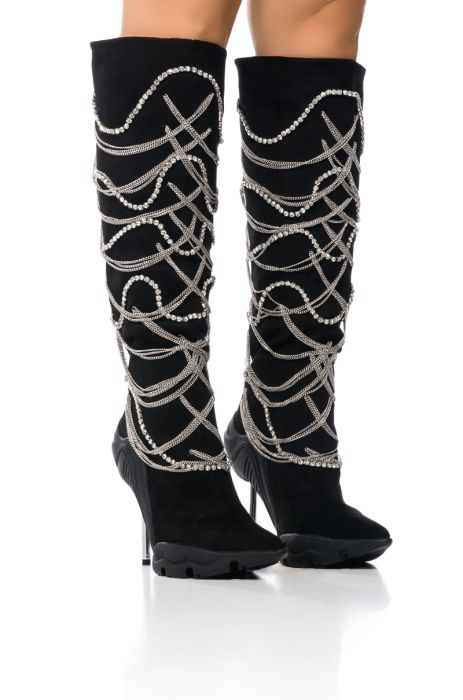 AZALEA WANG TATY CHAIN EMBELLISHED BOOT IN BLACK