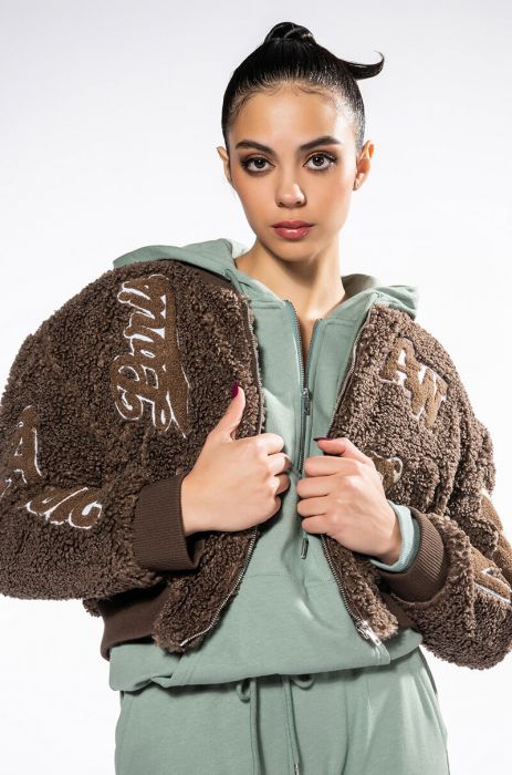 AZALEA WANG TEDDY VARSITY BOMBER in brown