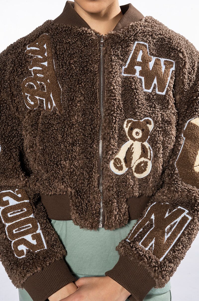 AZALEA WANG TEDDY VARSITY BOMBER in brown