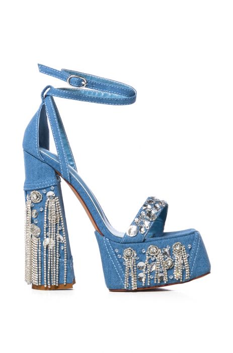 AZALEA WANG THAT GIRL RHINESTONE FRINGE CHUNKY HEEL SANDAL IN DENIM
