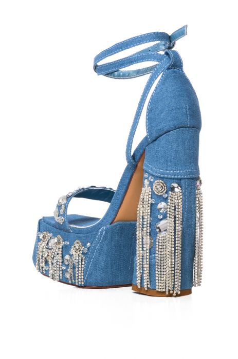 AZALEA WANG THAT GIRL RHINESTONE FRINGE CHUNKY HEEL SANDAL IN DENIM