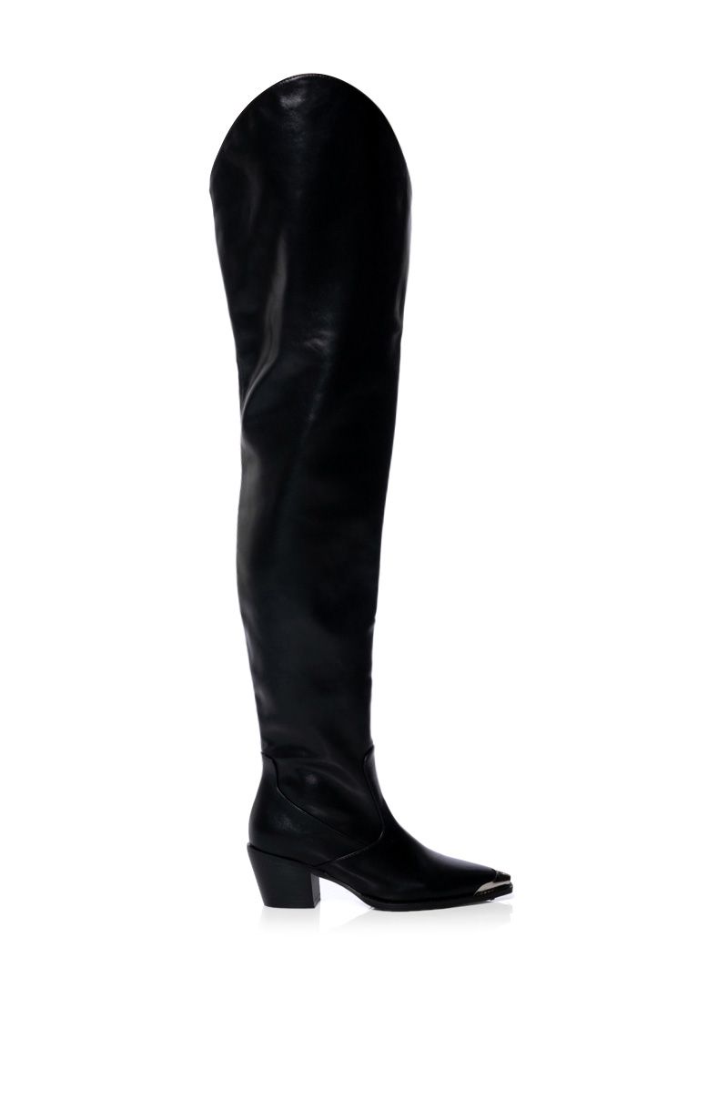 AZALEA WANG THIGH HIGH WESTERN BOOT IN BLACK