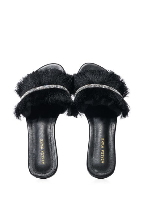 AZALEA WANG TILLE EMBELLISHED TASSEL FRINGE MULE IN BLACK