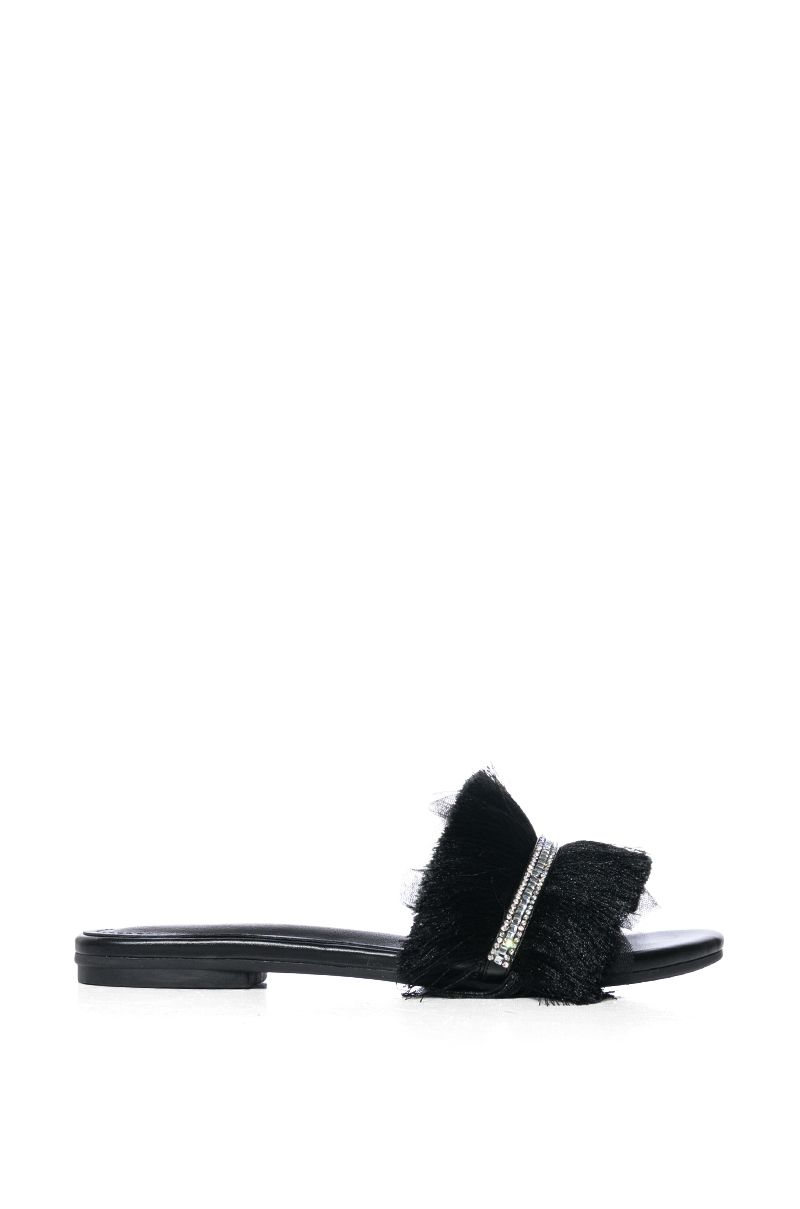 AZALEA WANG TILLE EMBELLISHED TASSEL FRINGE MULE IN BLACK