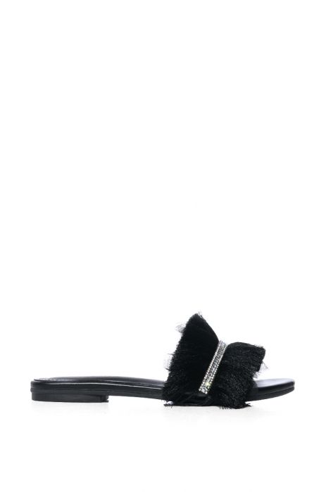 AZALEA WANG TILLE EMBELLISHED TASSEL FRINGE MULE IN BLACK