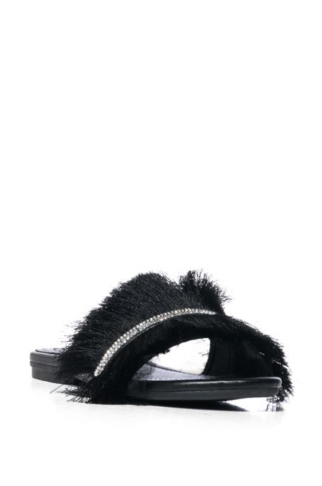 AZALEA WANG TILLE EMBELLISHED TASSEL FRINGE MULE IN BLACK