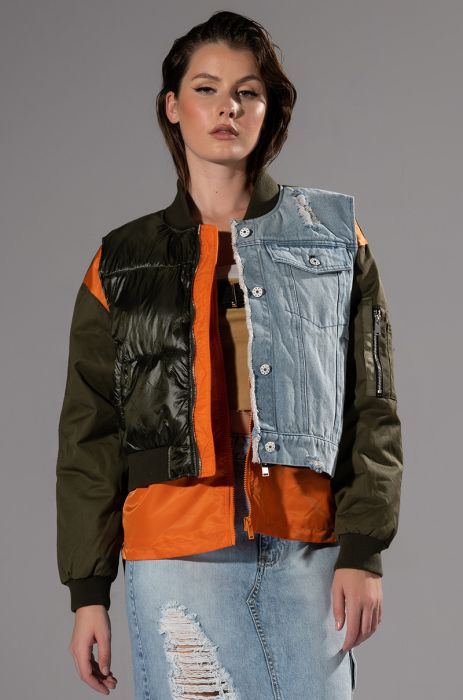 AZALEA WANG TUCKER MIXED MEDIA DENIM PANEL BOMBER JACKET in multi