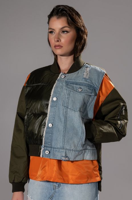 AZALEA WANG TUCKER MIXED MEDIA DENIM PANEL BOMBER JACKET in multi