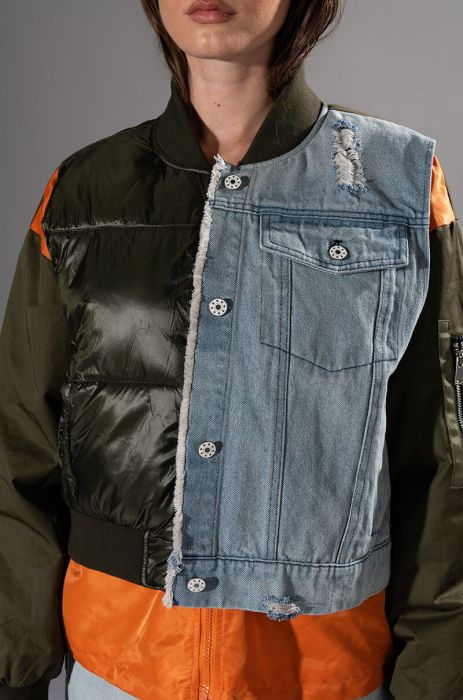 AZALEA WANG TUCKER MIXED MEDIA DENIM PANEL BOMBER JACKET in multi