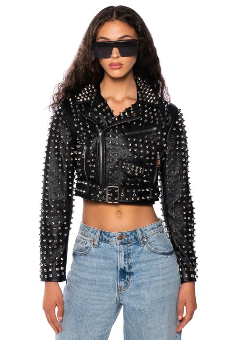 AZALEA WANG VIXEN STUDDED MOTO JACKET in black