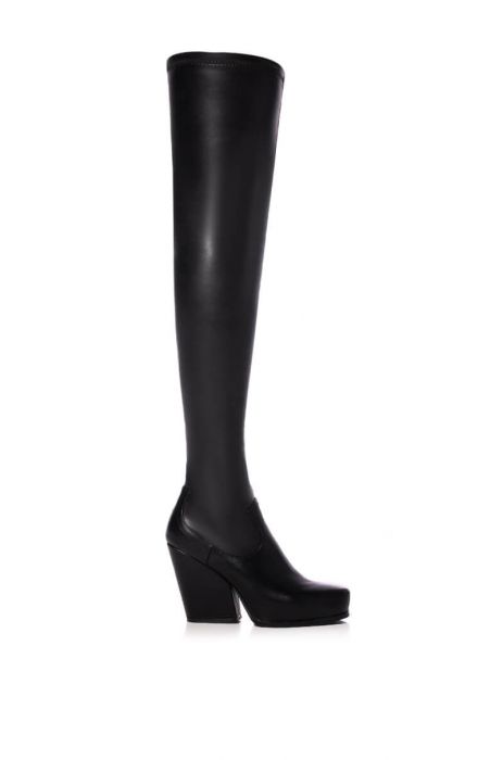 AZALEA WANG ZAHRAH THIGH HIGH CHUNKY WESTERN BOOT WITH 4 WAY STRETCH IN BLACK