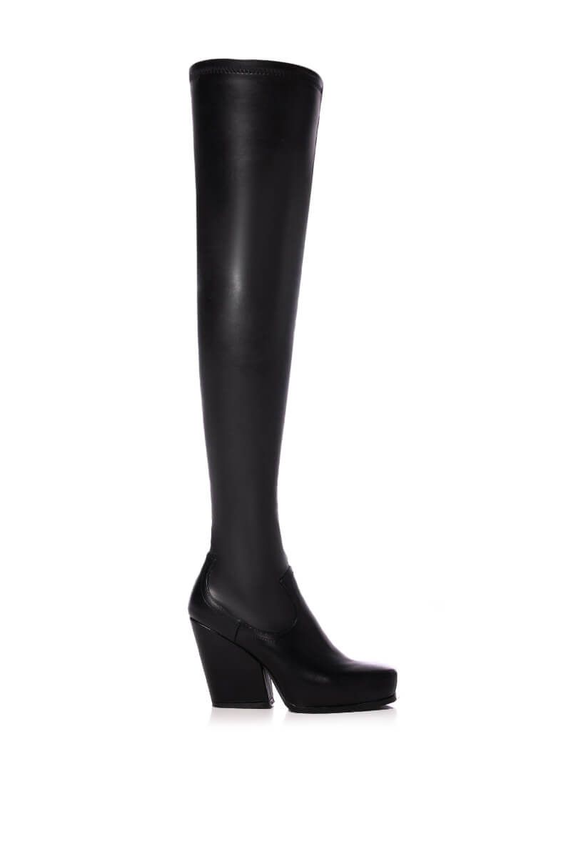 AZALEA WANG ZAHRAH THIGH HIGH CHUNKY WESTERN BOOT WITH 4 WAY STRETCH IN BLACK