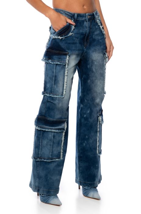 BABY GIRL DENIM CARGO PANTS in medium blue denim