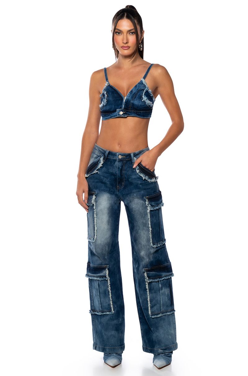 BABY GIRL DENIM CARGO PANTS in medium blue denim